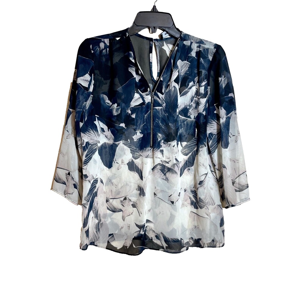 Robert Rodriguez Priscilla Blouse Top Womens Small Blue 3/4 Sleeve Zipper Floral
